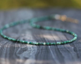 Dainty Azurite-Malachite Beaded Choker Necklace – Adjustable Length – Sterling Silver or 14k Gold