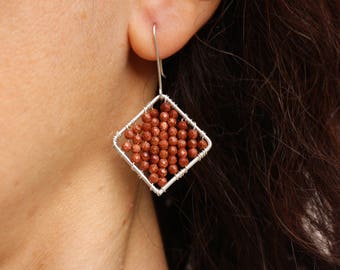 Wire wrapped mosaic earrings, egyptian earrings, boho earrings, bohemian Earrings, Tiny Bead Earrings, Goldsand Earrings, seedbead Earrings