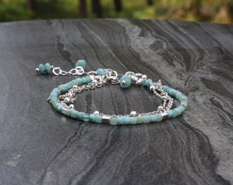 Larimar bracelet, Beaded bracelet, Ultra dainty bracelet, triple bracelet, dainty Larimar bracelet, Bracelet set, skinny bracelet