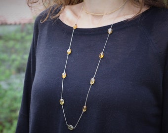 Citrine necklace, citrine seed beads necklace,   beaded necklace, citrine rosary necklace, long necklace, november birthstone necklace