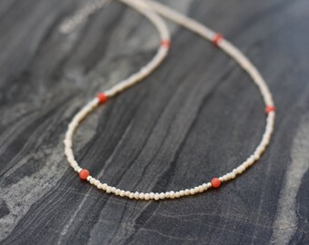 Pearl necklace, Necklace set, dainty beaded necklace, pearl choker, pearl and coral necklace, grey pearl necklace, dainty beaded necklace