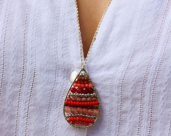 Beaded pendant, Tiny Beaded pendant, wire wrapped pendant, Mosaic pendant, Teardrop pendant, seed bead pendant, gupsy pendant
