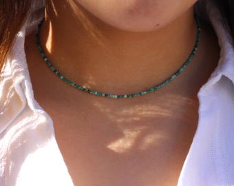 Dainty Azurite-Malachite Beaded Choker Necklace – Adjustable Length – Sterling Silver or 14k Gold