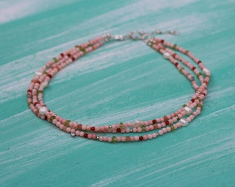 Pink coral necklace, coral choker, Triple coral necklace, coral necklace, 3 strand necklace, dainty beaded necklace, three strand choker