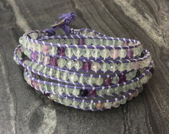 Fluorite bracelet, Wrap leather bracelet, wrap bracelet, 5 wrap bracelet, multiple strands bracelet, tree of life