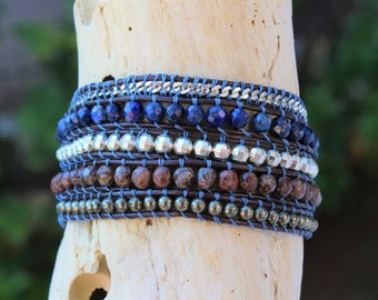 Lapis bracelet, jasper bracelet, Wrap leather bracelet, Wrap leather beaded bracelet, wrap bracelet, tree of life bracelet