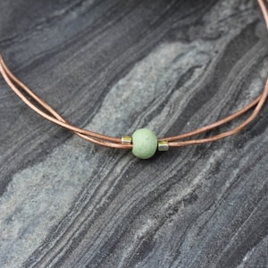 Leather Anklet: Dainty Ceramic Bead, Sterling Silver Accents green bead