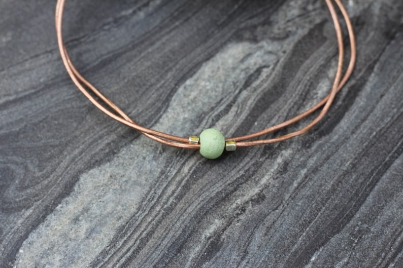 Leather Anklet: Dainty Ceramic Bead, Sterling Silver Accents green bead