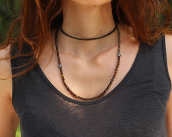 Long Tiger Eye Necklace: Double Strand Oxidized silver Necklace