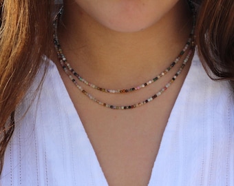 Double dainty necklace, long dainty necklace, 2 strand necklace, dainty beaded necklace, two strand choker, multi-stone necklace