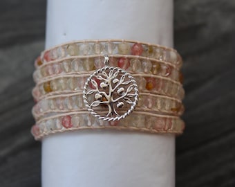 Pink quartz bracelet, Wrap leather bracelet, Rose quartzbracelet, 5-wrap leather bracelet, tree of life bracelet