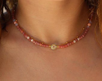 Double strand necklace, dainty choker, evil eye necklace, beaded choker, 2 strand necklace, dainty beaded necklace, evil eye choker