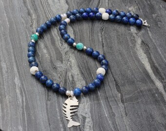 Lapis necklace, Maximal necklace, Lapis long necklace, Boho beaded necklace, Charm necklace, Fishbone necklace