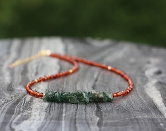 chrome diopside necklace, spinel necklace, dainty beaded necklace, spinel choker, dainty choker, raw diopside choker, rough diopside choker