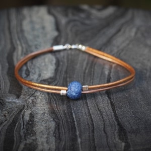 Leather Anklet: Dainty Ceramic Bead, Sterling Silver Accents Blue bead