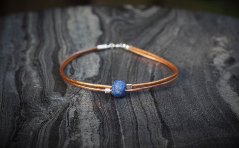 Leather Anklet: Dainty Ceramic Bead, Sterling Silver Accents Blue bead