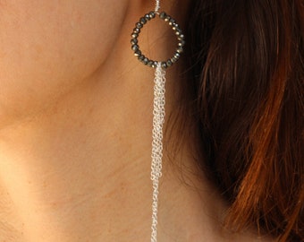 Pyrite earrings, dangling earrings, hoop earrings, statement earrings, chain earrings, lariat earrings, long chain earrings, Xmas earrings
