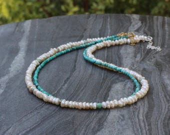 Dainty Freshwater Pearl & Coral/Turquoise Choker Necklace – Handcrafted Elegance