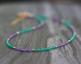 Dainty Amethyst and Green Onyx Beaded Necklace: Sterling Silver Choker