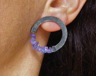 Tanzanite hoops, Beaded hoops, apatite hoops, amethyst hoops, garnet hoops, oxidized hoops, wide hoops, casted hoops, moonstone hoops