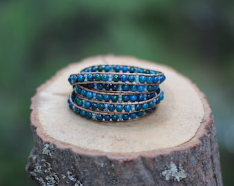 Chrysocolla bracelet,   Wrap leather bracelet, chrysocolla wrap bracelet, 5-wrap bracelet, multiple strands bracelet