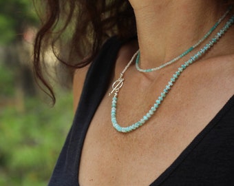 Long boho necklace, double strand necklace, Larimar necklace, amazonite necklace, beaded necklace, pearl necklace, mix gemstones necklace