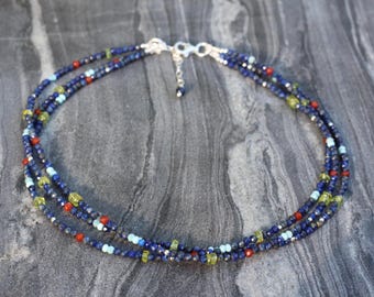 Lapis necklace, Triple Lapis necklace,  3 strand necklace, dainty beaded necklace, three strand choker