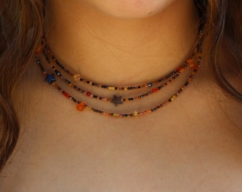 Dainty Triple Strand Necklace: Bustamite, Carnelian and Hematite, Sterling Silver