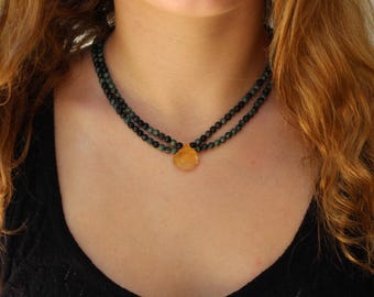 Kambaba necklace, Boho necklace , beaded necklace, Citrine necklace, 2 strand necklace, raw stone necklace