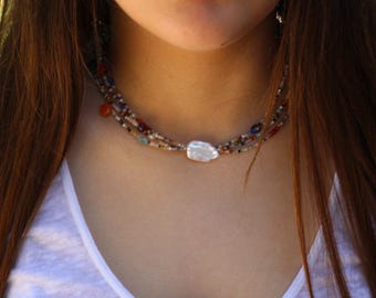 4-Strand Necklace, semiprecious stones necklace,  Sterling Silver Beaded Choker
