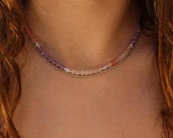 Double strand necklace, dainty choker, Double rose quartz necklace, beaded choker, 2 strand necklace, dainty beaded necklace,
