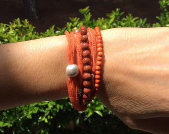 Silk ribbon bracelet, multistrand bracelet, charm bracelet, silk wrap bracelet, woven silk bracelet, boho bracelet, fairy ribbon bracelet