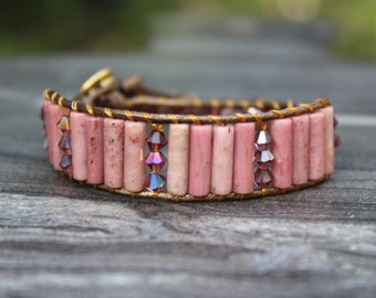 Rhodonite bracelet, Wrap leather beaded bracelet, Cuff bracelet, leather tube bracelet, wide leather wrap bracelet