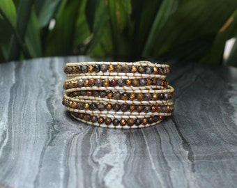 Tiger eye bracelet,  Wrap leather bracelet, 5-wrap bracelet, multiple strands bracelet, tiger eye bracelet