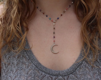 Y necklace, charm necklace, crescent moon necklace, beaded necklace, rosary necklace, moon necklace, lariat necklace, boho necklace