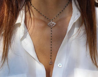 Rosary necklace, Y necklace, charm necklace, lotus necklace, beaded necklace, rosary necklace, onyx necklace, lariat necklace, boho necklace