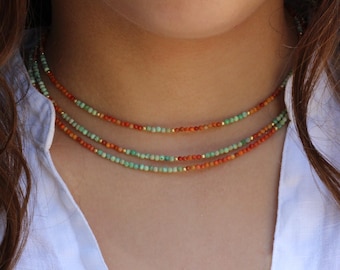Triple dainty necklace, coral necklace, 3 strand necklace, dainty beaded necklace, three strand choker, triple variscite necklace