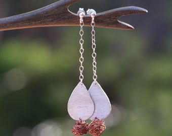 Teardrop earrings, Silver copper earrings, dangling handmade earrings, mixed metal earrings, wire ball earrings, pear shape earrings