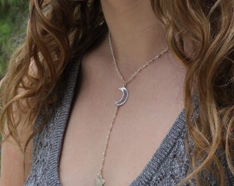 Rosary necklace, Y necklace, charm necklace, crescent moon necklace,  rosary necklace, mop necklace, lariat necklace, boho necklace