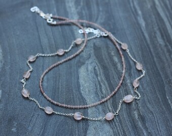 Rose quartz rosary necklace, rosary rose quartz necklace, beaded choker, rose quartz necklace, dainty choker necklace, dainty necklace set