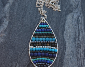 Mutlicolor Hand-Knotted Pendant Necklace with Sterling Silver, Japanese Glass Beads - Gemstones, Adjustable 60-64cm