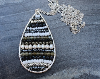 Boho pendant, silver pendant, Wirework pendant, black and white pendant, necklace set, teardop pendant, seedbead pendant