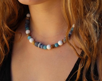 Sodalite necklace, beaded necklace, multistone necklace, boho beaded necklace, aquamarine necklace