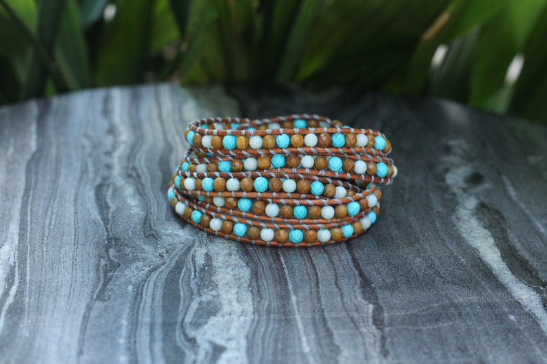 Wrap leather bracelet, turquoise bracelet, 5-wrap leather bracelet, aquamarine bracelet, multiple strands bracelet image 3