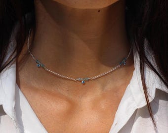 Charm necklace, Zirconia necklace, Zirconia choker, aquamarine necklace, zirconia rosary, zirconia charms necklace, dainty choker