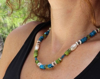 Shell necklace, boho chic necklace, long beaded necklace, Boho beaded necklace, beachwear necklace, summerwear necklace