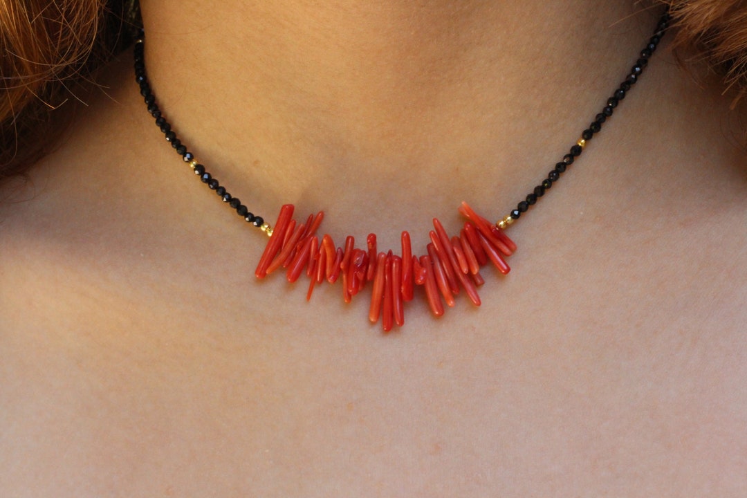 Coral Necklace, Coral Sticks Necklace, Dainty Beaded Necklace, Spinel