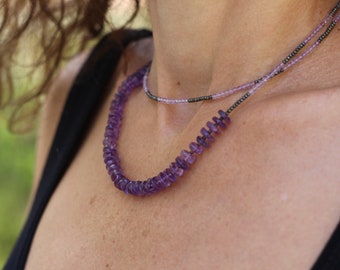 Long boho necklace, double strand necklace, Amethyst necklace, pyrite necklace, beaded necklace, mix gemstones necklace