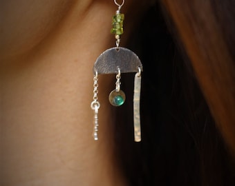 Greek earrings, Grecian earrings, Peridot earrings, Oxidized earrings, Dangling earrings, Emerald earrings, Fishbone earrings