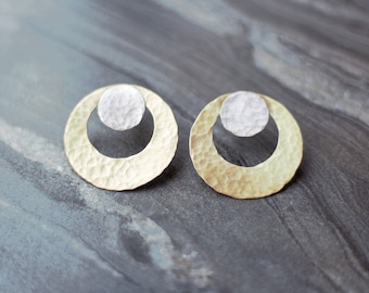 Bronze earrings, mixed metal earrings, Greek earrings, Bronze hoop earrings, Disc earrings, hammered texture earrings,  double disc earrings